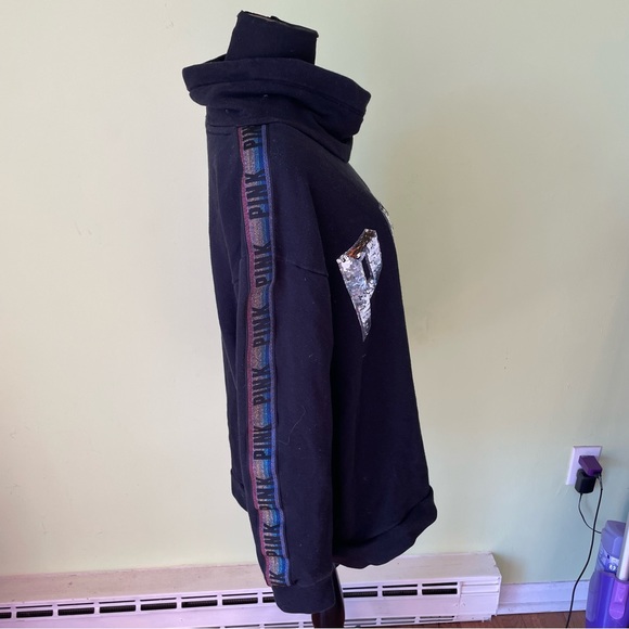 PINK VICTORIAS SECRET BLACK SEQUIN LOGO PULLOVER SWEATSHIRT SIZE MEDIUM - Picture 4 of 6